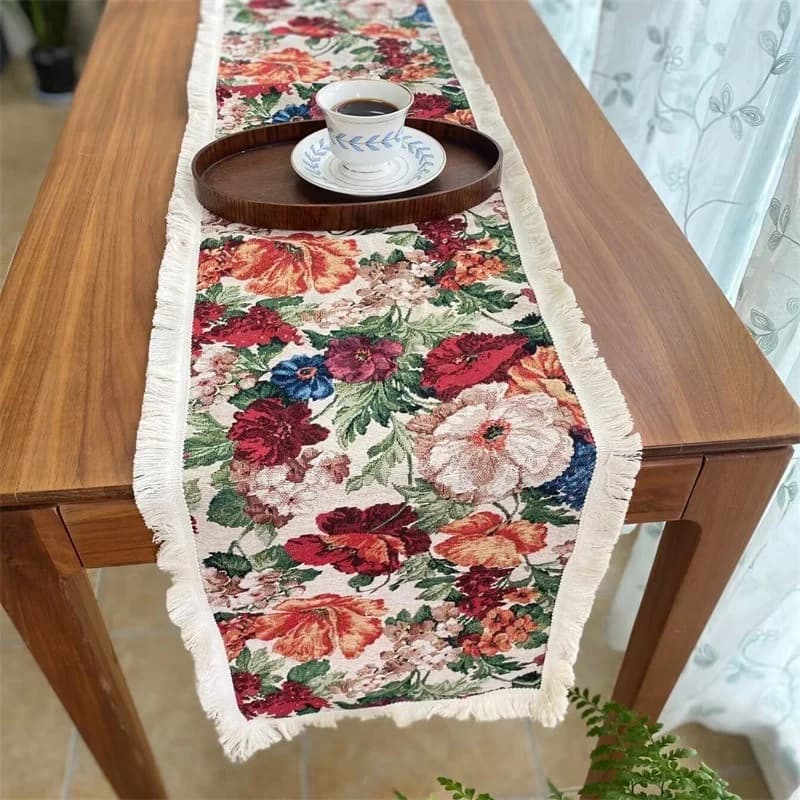 Vintage Tischläufer aus Baumwolle-Leinen-Mix mit Blumenmuster
