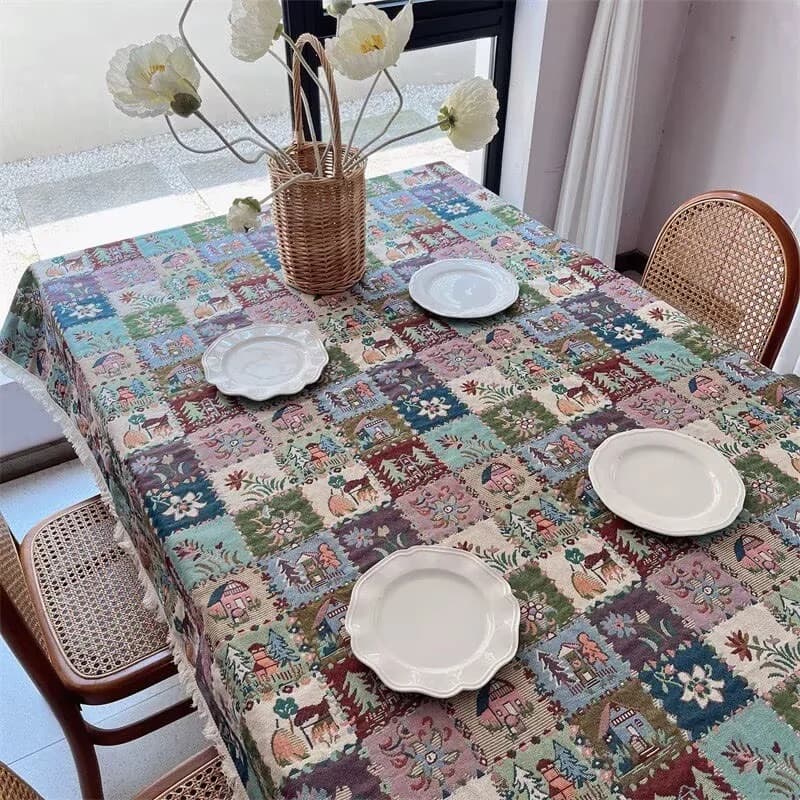 Rustikaler Jacquard-Tischläufer und Tischdecke mit Blumenmuster