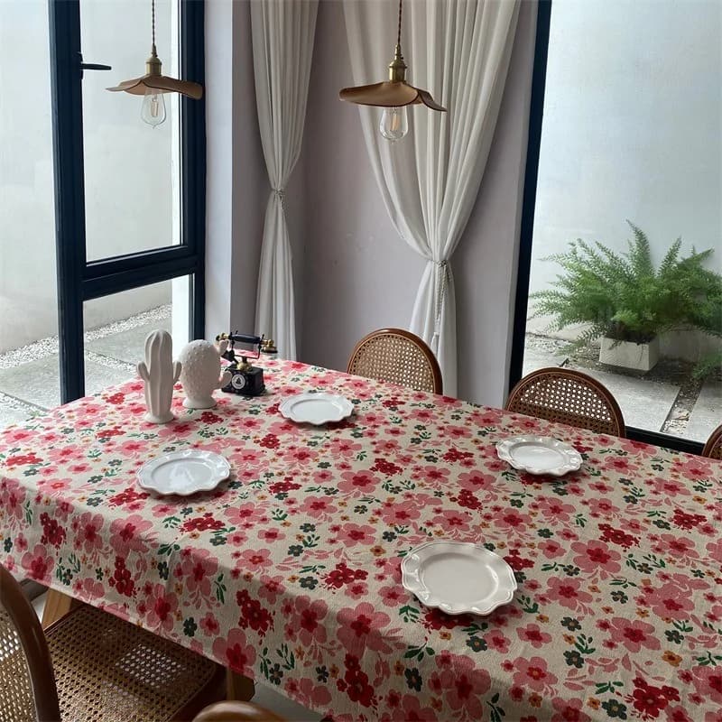 Rosa Jacquard-Tischdecke mit Blumenmuster, Baumwollmix, rechteckig