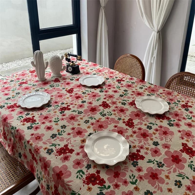 Rosa Jacquard-Tischdecke mit Blumenmuster, Baumwollmix, rechteckig