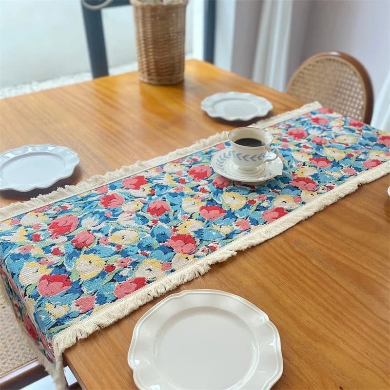 Tischläufer aus Jacquard-Baumwoll-Leinen-Mischung, nordisches Blumendesign