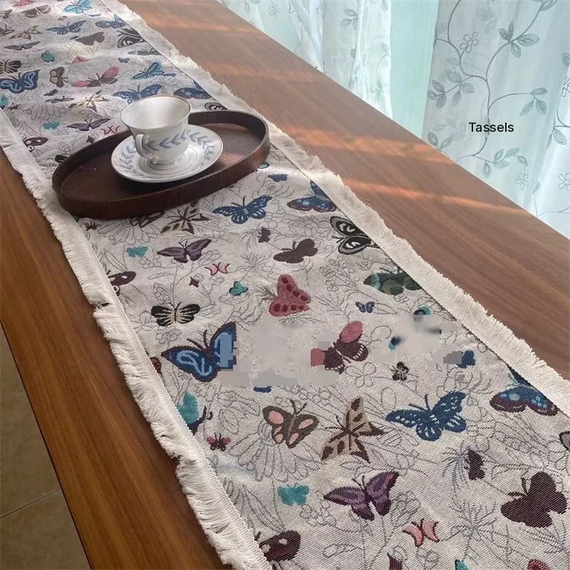 Tischläufer im American-Country-Stil aus Baumwolle und Leinen mit Blumenmuster und Quasten