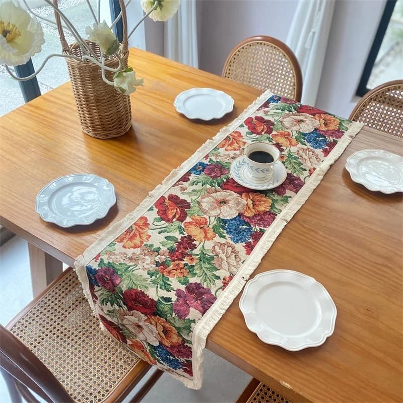 Vintage Französischer Ölgemälde-Stil Tischläufer mit Quasten