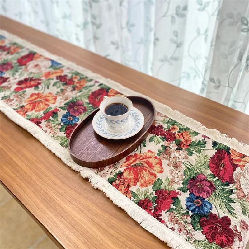 Vintage Tischläufer aus Baumwolle-Leinen-Mix mit Blumenmuster